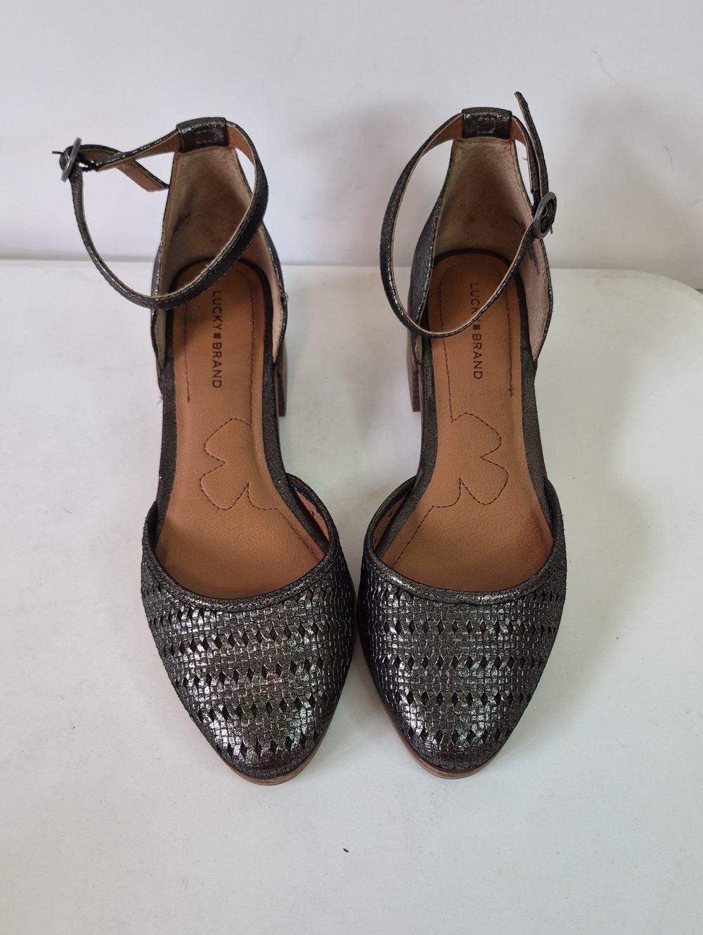 Lucky Brand Metallic Pewter Ankle-Strap Heels Size 8.5